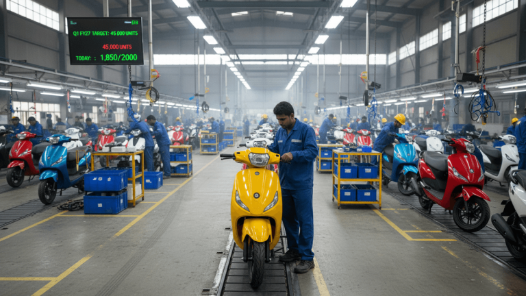 A man in a blue uniform stands in a brightly lit factory, inspecting a yellow electric scooter on an assembly line. Other workers and scooters are visible in the background.