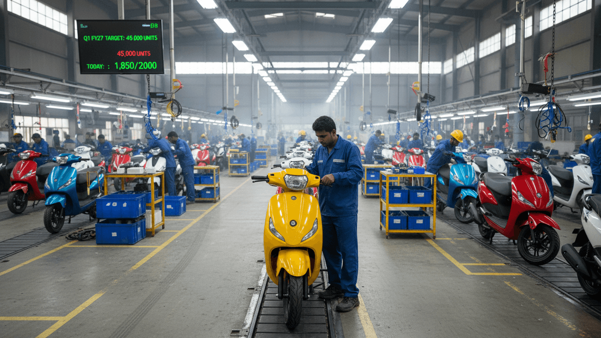 A man in a blue uniform stands in a brightly lit factory, inspecting a yellow electric scooter on an assembly line. Other workers and scooters are visible in the background.