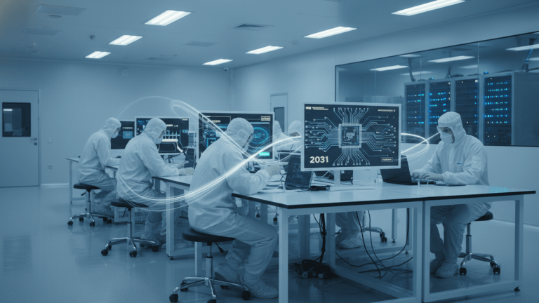 A cleanroom with engineers in white suits at workstations, one screen shows a chip diagram and "2031", light trails suggest data flow.