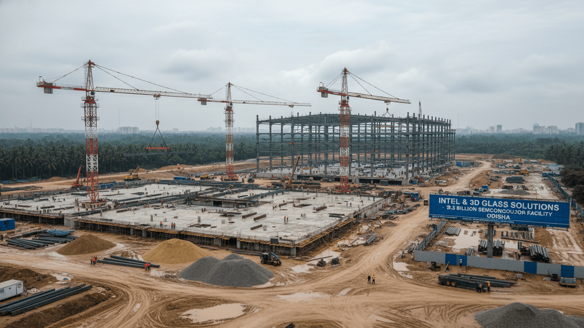 An aerial view of a large construction site with multiple red and white tower cranes, concrete foundations, and steel framework.