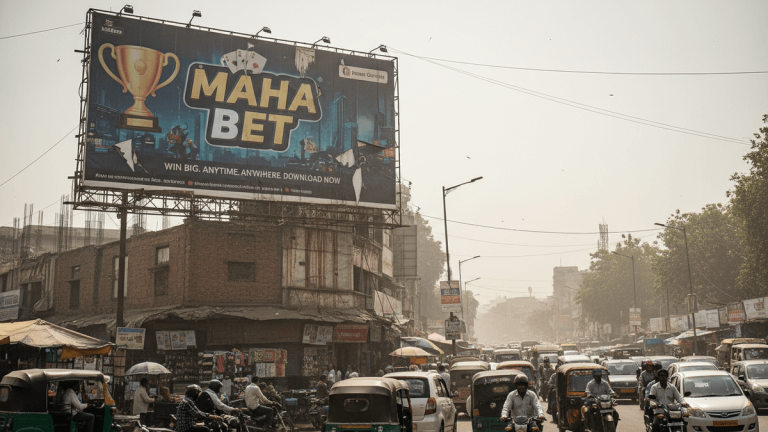 A large billboard advertising "Maha Bet" with a trophy and playing cards dominates the skyline above a congested street in Delhi, India, filled with cars, auto-rickshaws, and motorcycles under a hazy sky.