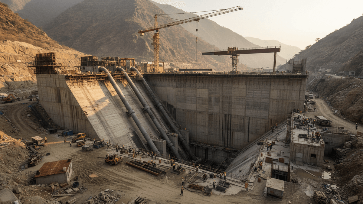 A wide shot shows a massive concrete dam under construction in a valley between dry, rocky mountains. Cranes and workers are visible.