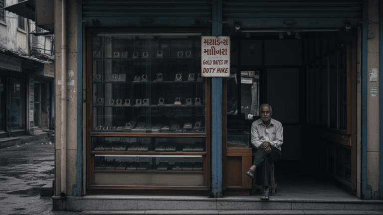 An elderly Indian man sits on a stool outside his quiet, dimly lit gold shop. Display cases inside show rings and bangles.