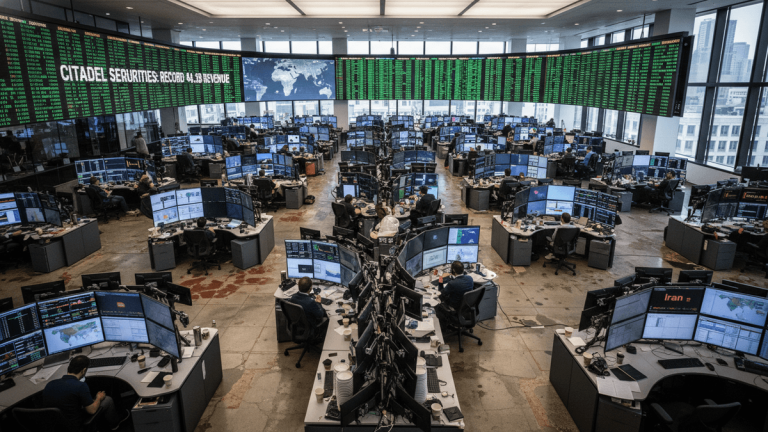 Wide shot of a large, modern trading floor with dozens of traders at multi-monitor workstations.