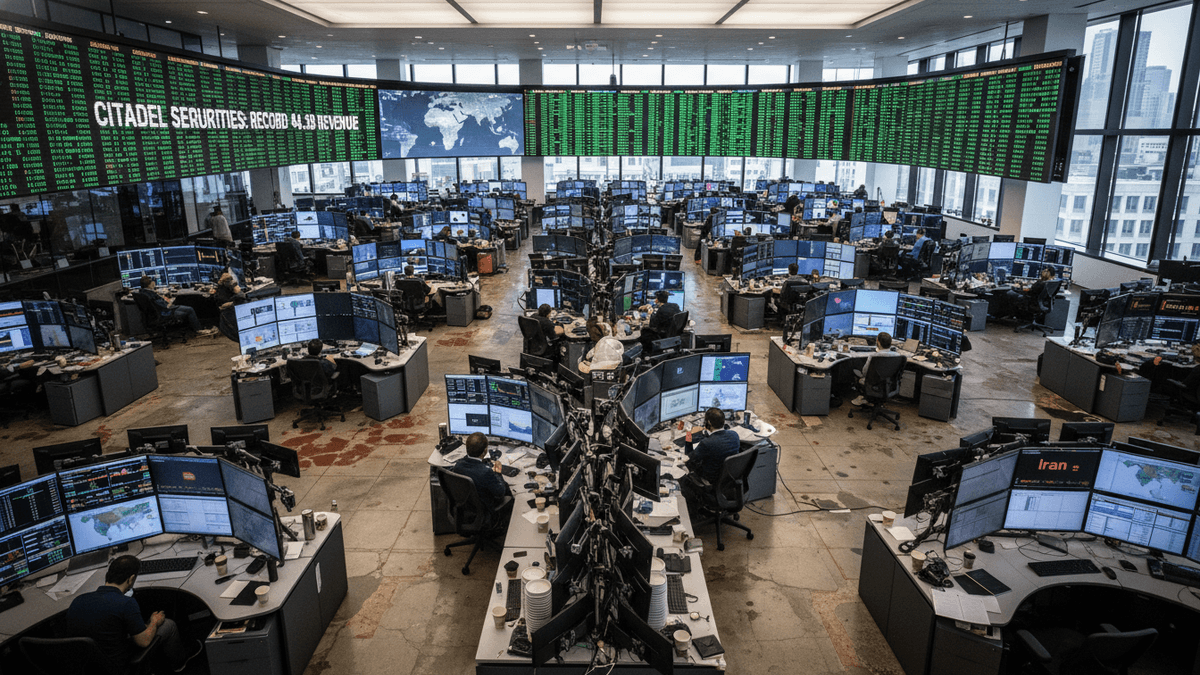 Wide shot of a large, modern trading floor with dozens of traders at multi-monitor workstations.
