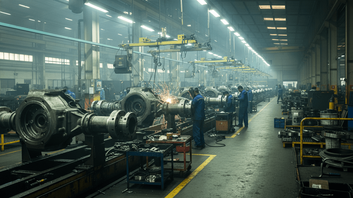 Wide shot of a factory floor with workers welding large metal components for tractor axles under bright fluorescent lights.