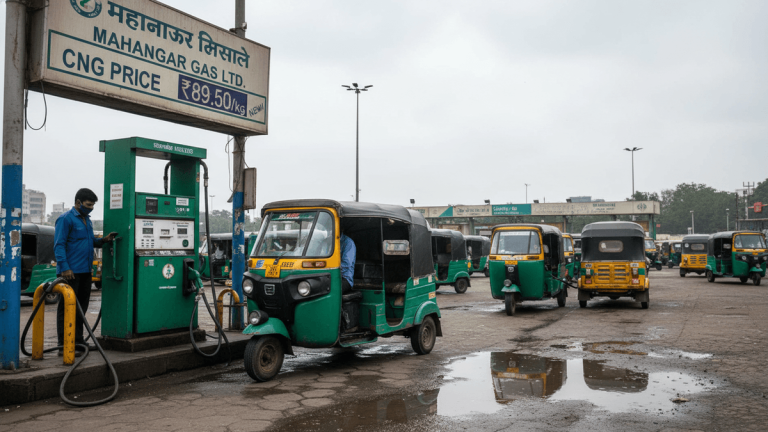 A man in a blue shirt fills an auto-rickshaw with CNG at a green gas pump under a sign displaying the increased price.