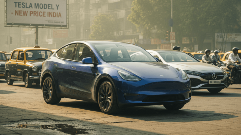 A blue Tesla Model Y drives on a congested street in Mumbai, flanked by yellow taxis and motorcycles.