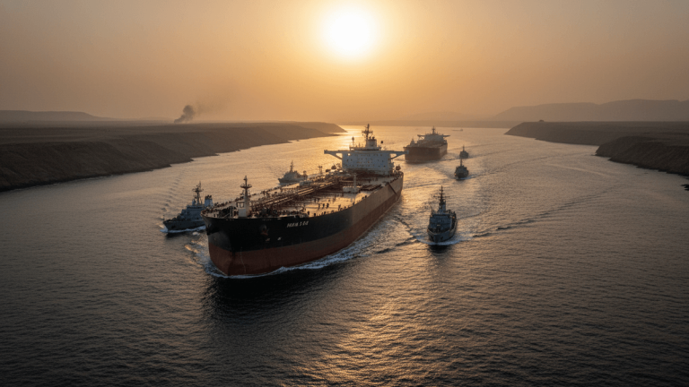 An aerial view shows a large oil tanker leading a convoy of smaller naval ships and other tankers through a desert canal at sunset.
