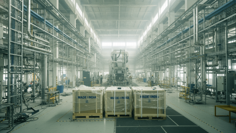 Wide shot of a clean room in a semiconductor fabrication plant with equipment, pipes, and three wooden crates.