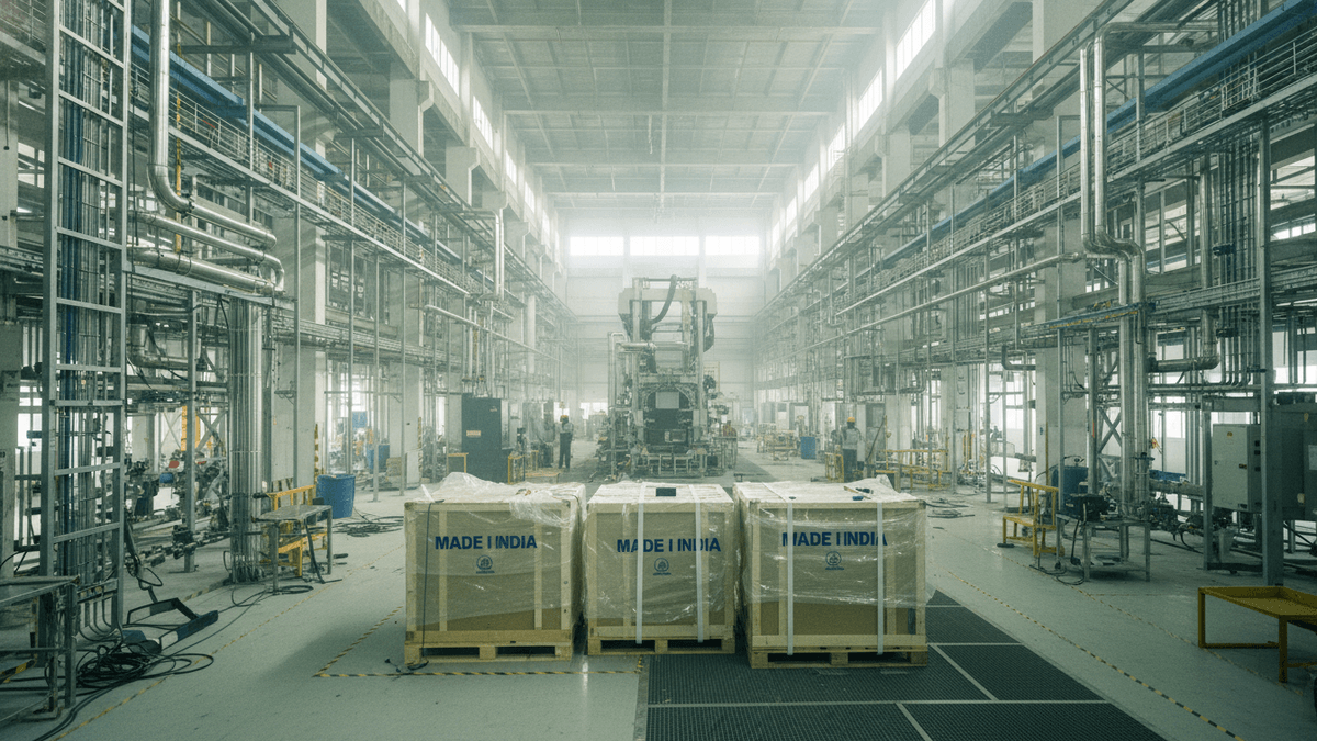 Wide shot of a clean room in a semiconductor fabrication plant with equipment, pipes, and three wooden crates.