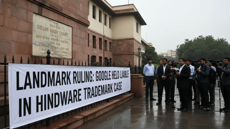 A group of men in suits stands outside the Delhi High Court, one speaking into microphones. A banner reads "LANDMARK RULING: GOOGLE HELD LIABLE IN HINDWARE TRADEMARK CASE."