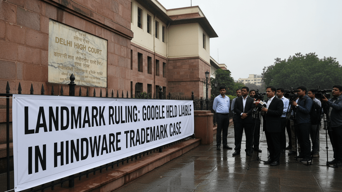 A group of men in suits stands outside the Delhi High Court, one speaking into microphones. A banner reads "LANDMARK RULING: GOOGLE HELD LIABLE IN HINDWARE TRADEMARK CASE."