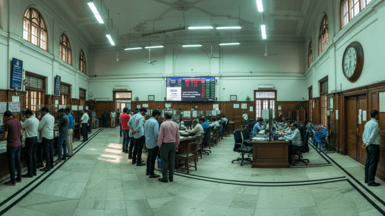 A wide shot inside a bustling, large, old Indian bank hall with high ceilings, arched windows, and many people standing and seated.