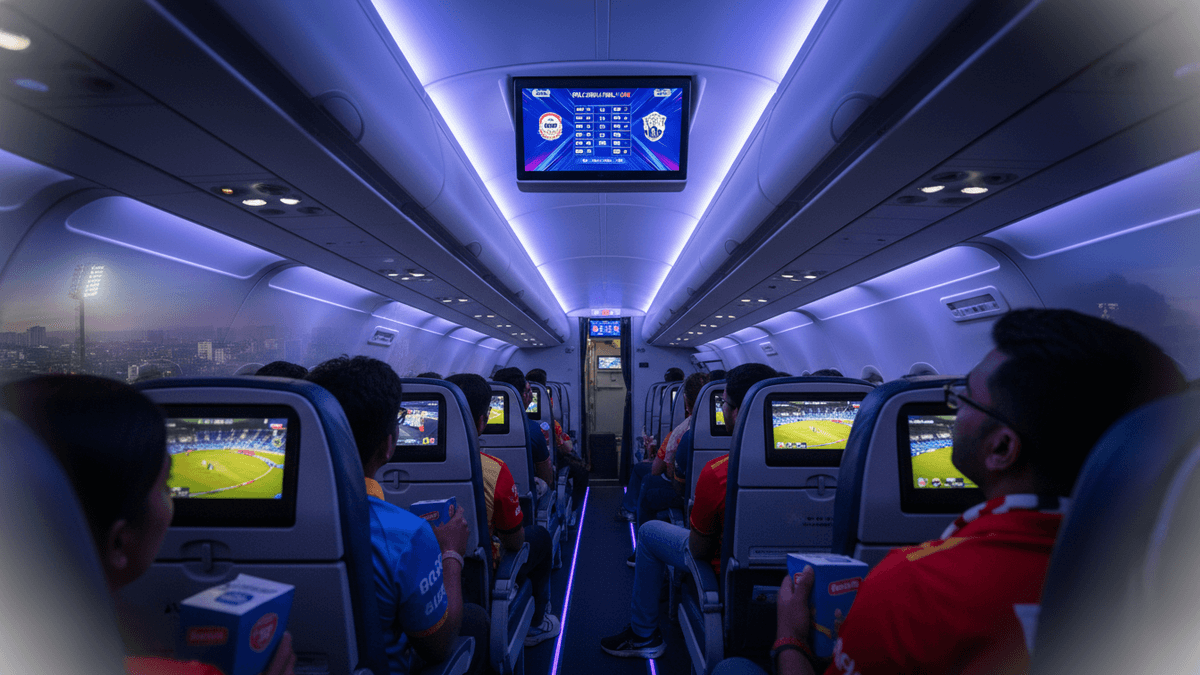 Interior view of an airplane cabin at dusk, passengers watching cricket on seat-back screens and a large overhead monitor.