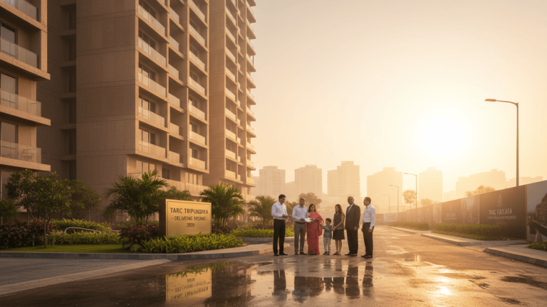 A group of six people stand on a wet road in front of a modern high-rise building and a sign, with hazy sunrise light.