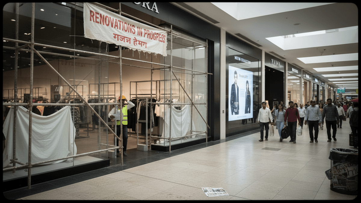 A wide shot of a Zara store entrance with a large "Renovations In Progress" banner in English and Hindi.