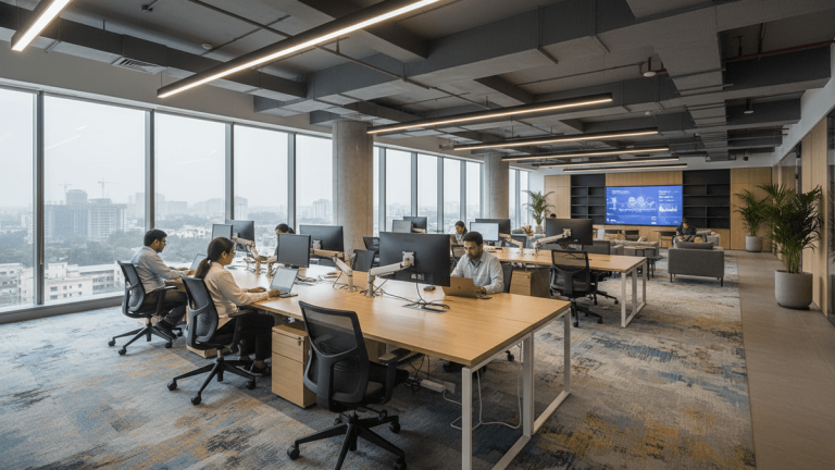 An wide shot of a contemporary office space with individuals working at their desks, and a panoramic city view from the windows.