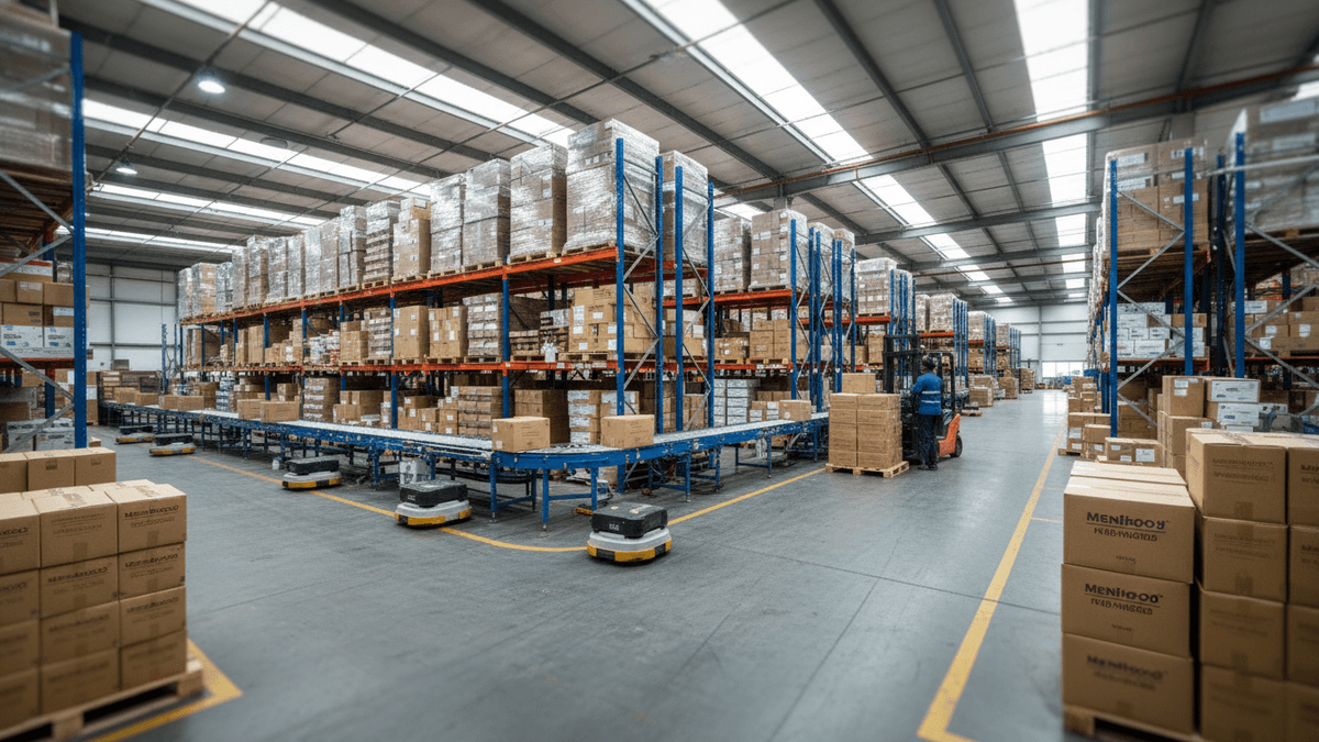 A wide shot of a brightly lit industrial warehouse filled with tall shelves of packaged goods. Automated vehicles are visible on the floor.