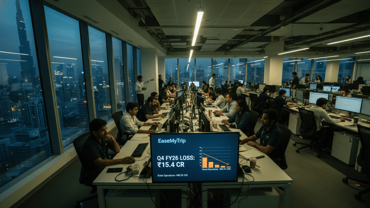 A modern office space in a high-rise building at dusk, with employees working at desks. A monitor in the foreground displays "EaseMyTrip Q4 FY26 Loss: ₹15.4 CR" and a corresponding graph.