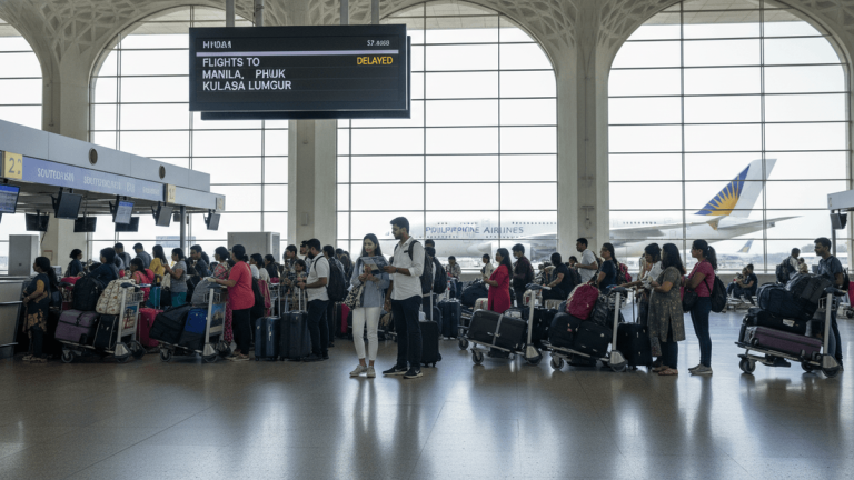 A wide shot inside a modern airport terminal shows numerous travelers with luggage carts lined up at check-in counters, with large arched windows in the background revealing parked airplanes on the tarmac.