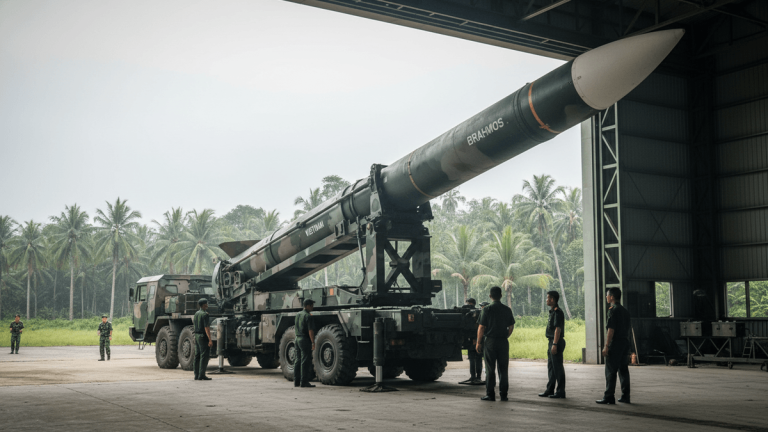 A large BrahMos missile on a mobile launcher inside a military hangar, with palm trees visible outside. Several soldiers stand near the launcher.