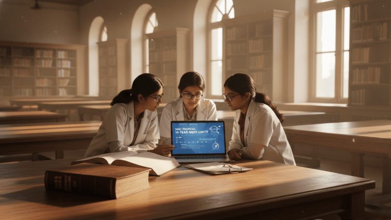 Three young women in lab coats sit at a wooden table in a sunlit library, looking at a laptop displaying data.