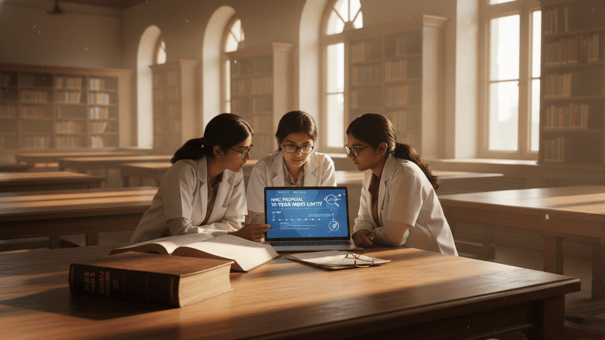 Three young women in lab coats sit at a wooden table in a sunlit library, looking at a laptop displaying data.