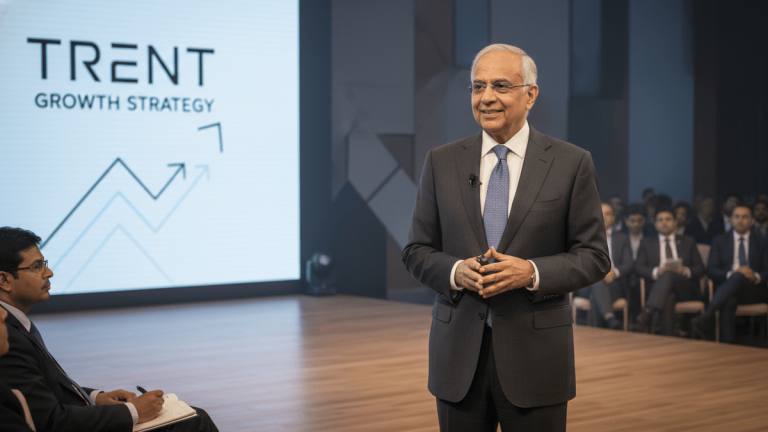 Noel Tata, Chairman of Trent, stands center stage, gesturing during a presentation with "TRENT GROWTH STRATEGY" on a screen behind him.
