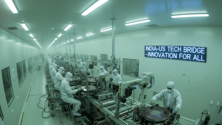 A wide shot of a brightly lit semiconductor cleanroom where technicians in full white clean suits are working at various stations.