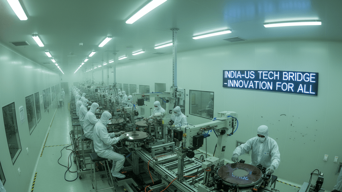 A wide shot of a brightly lit semiconductor cleanroom where technicians in full white clean suits are working at various stations.