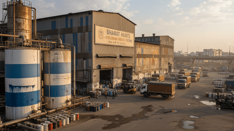 An industrial paint factory with a large sign, loading trucks, and rows of paint barrels at sunset.