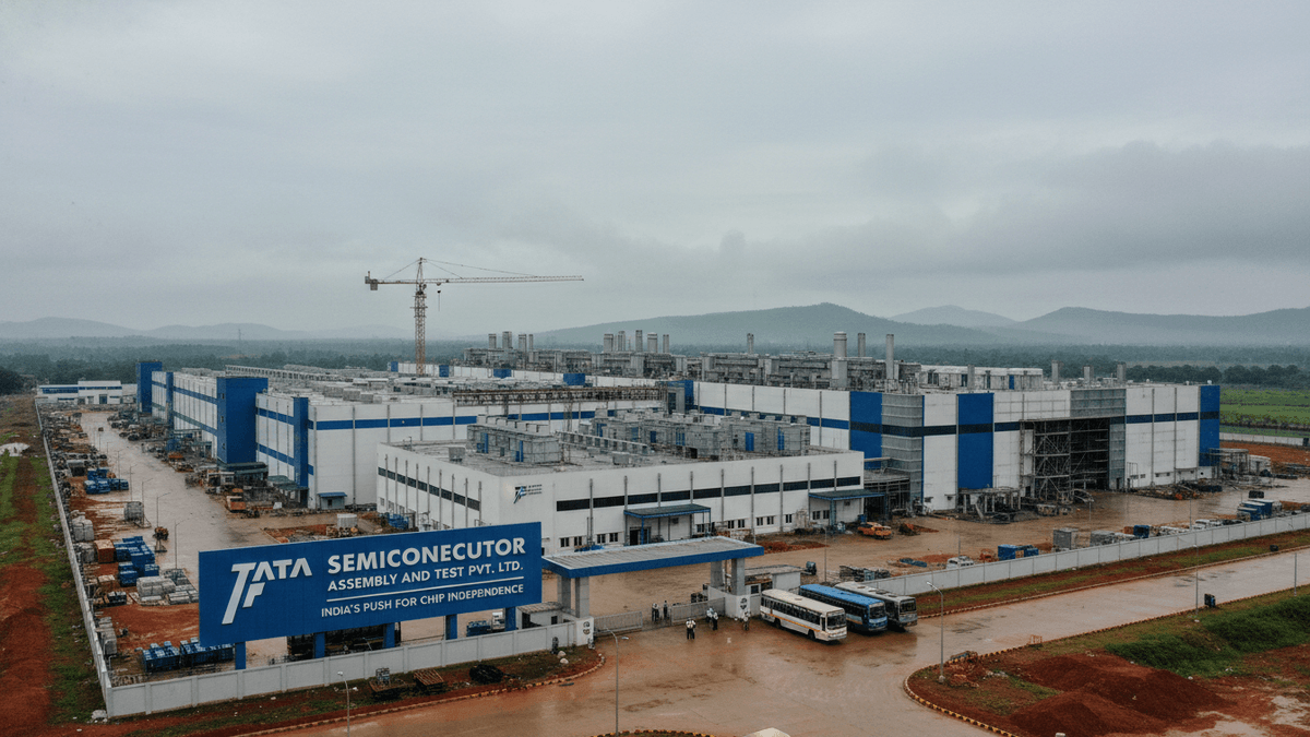 An aerial view of a large, modern semiconductor manufacturing facility under an overcast sky, surrounded by green fields.