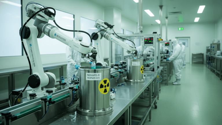 A bright, sterile pharmaceutical manufacturing room with two robotic arms manipulating vials over large metal containers, workers in hazmat suits in the background.