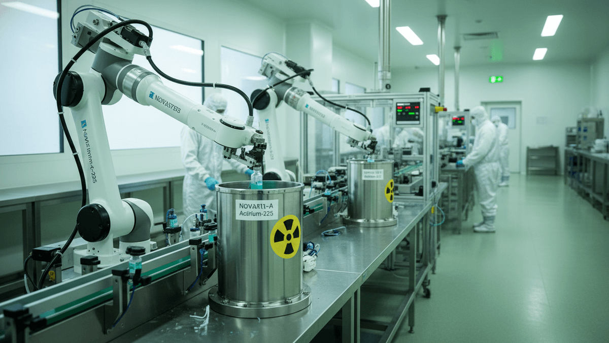 A bright, sterile pharmaceutical manufacturing room with two robotic arms manipulating vials over large metal containers, workers in hazmat suits in the background.