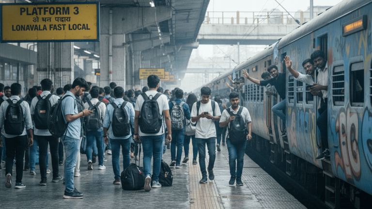 A crowded train platform in India with people walking and others leaning out of a blue train covered in graffiti.
