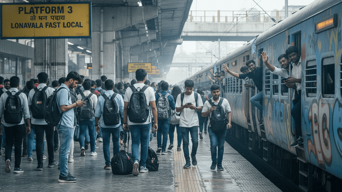 A crowded train platform in India with people walking and others leaning out of a blue train covered in graffiti.