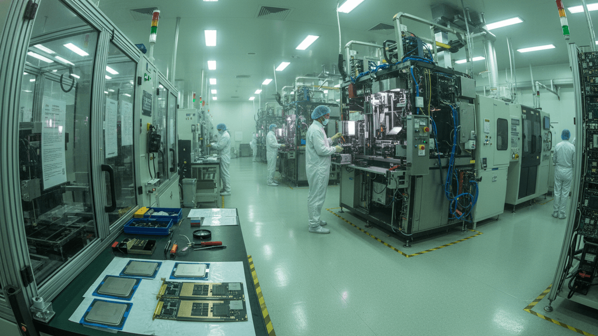 A wide shot of a brightly lit cleanroom with technicians in white suits working on machinery and computer components.