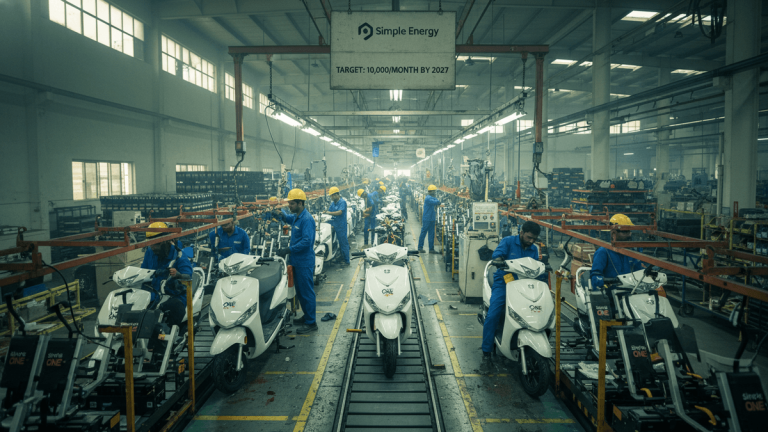 Wide shot of an industrial assembly line with workers in blue jumpsuits assembling white electric scooters under fluorescent lights.