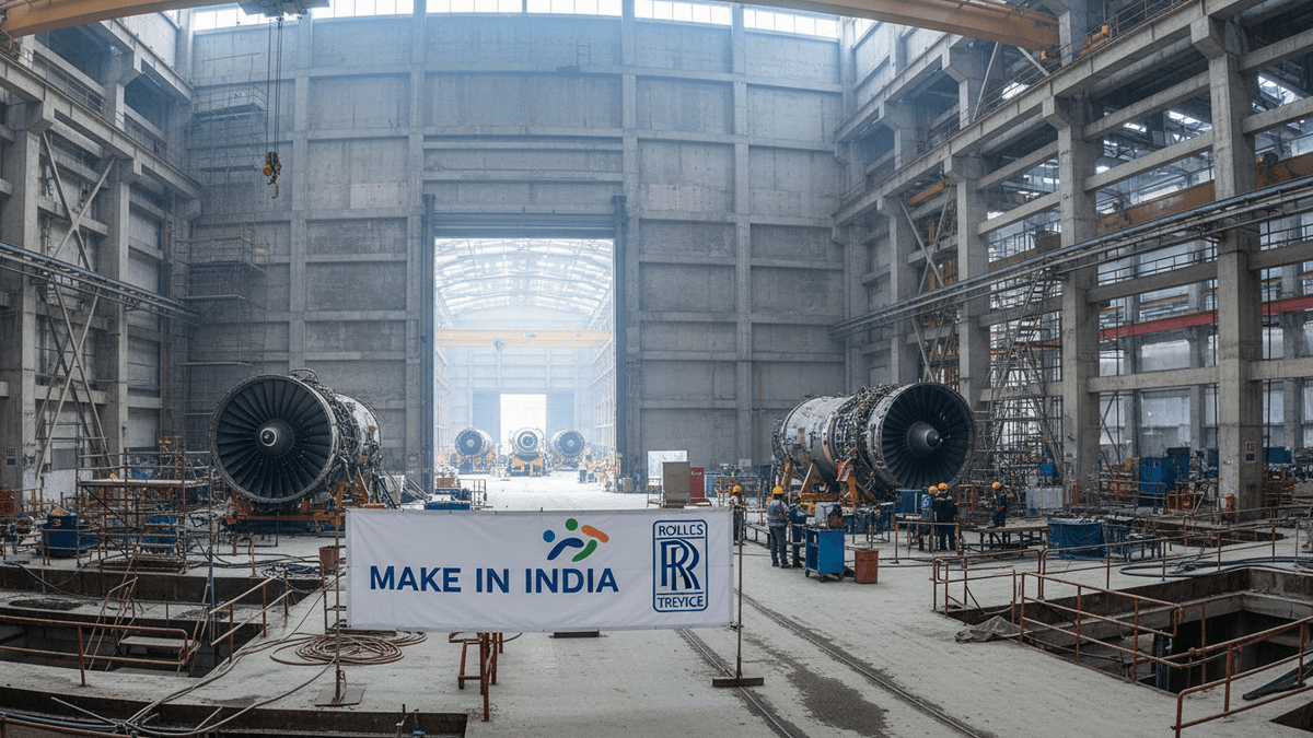 Wide shot of a sprawling industrial hangar with multiple aircraft jet engines undergoing maintenance, and a "MAKE IN INDIA" banner.