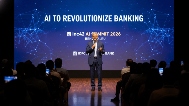 A man in a suit speaks on a stage with a large screen behind him displaying "AI TO REVOLUTIONIZE BANKING."