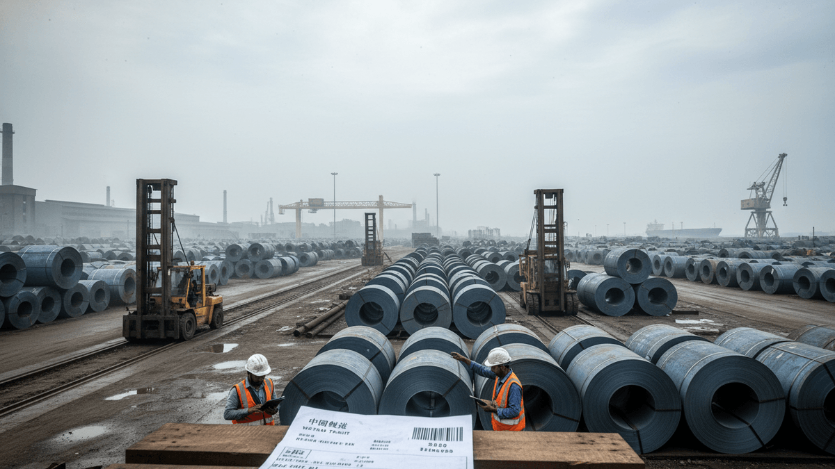 Wide shot of a port with countless large steel coils. Two workers in hard hats inspect documents in the foreground.