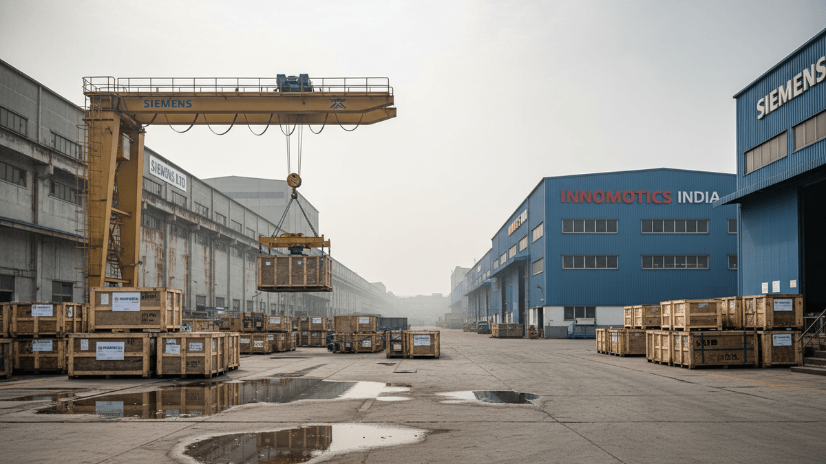 An industrial yard with an overhead crane transferring large wooden crates between two factory buildings under an overcast sky.