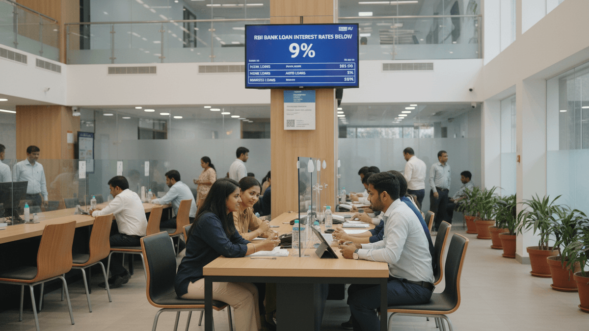 An interior shot of a contemporary bank branch in India with customers at tables and a large screen displaying "RBI Bank Loan Interest Rates Below 9%".