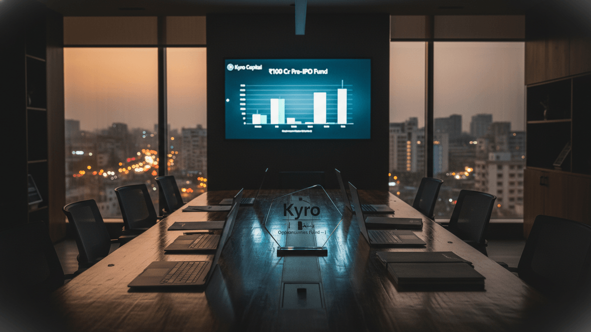 A long, polished wooden conference table with chairs, laptops, and papers in an empty boardroom at dusk. A large screen displays a bar chart and the Kyro Capital logo.
