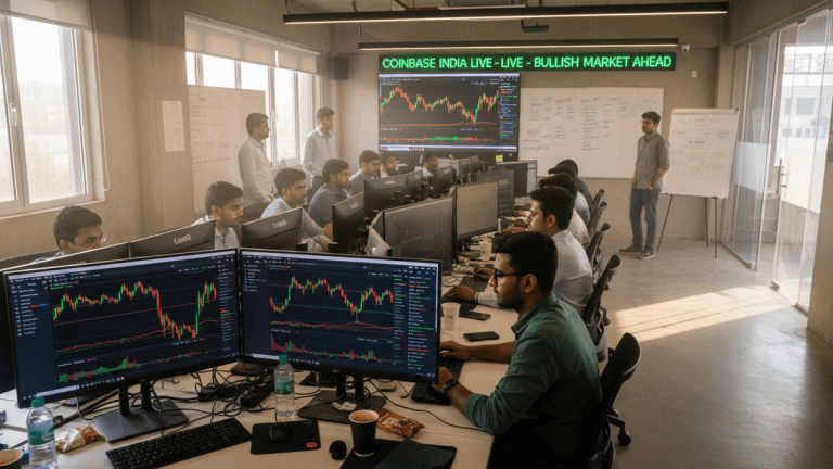 An open-plan office in Mumbai with traders at computers displaying cryptocurrency charts, and a large screen showing market data.
