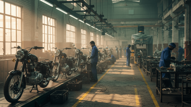 An interior shot of a motorcycle factory with several Royal Enfield motorcycles in various stages of assembly.