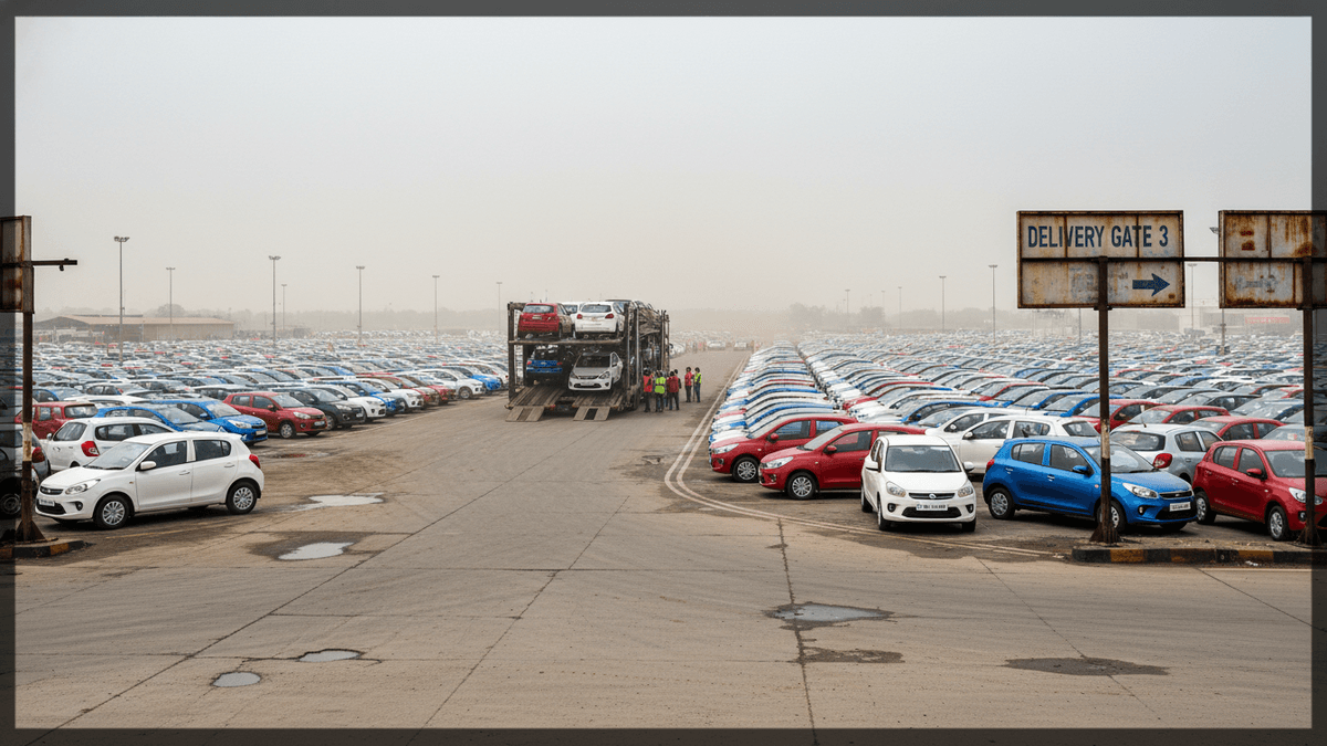 A wide shot of a vast, dusty car parking lot under an overcast sky, filled with rows of new compact cars, mostly white, red, and blue. In the center, a car transporter truck is unloading vehicles with a few workers nearby. A rusty sign for "DELIVERY GATE 3" is on the right.