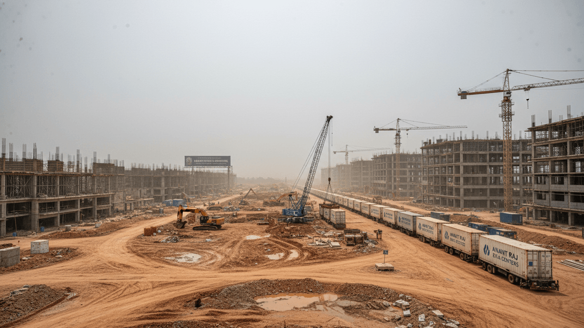 An expansive construction site under an overcast sky, with multiple buildings in various stages of concrete framing, several cranes, and trucks.