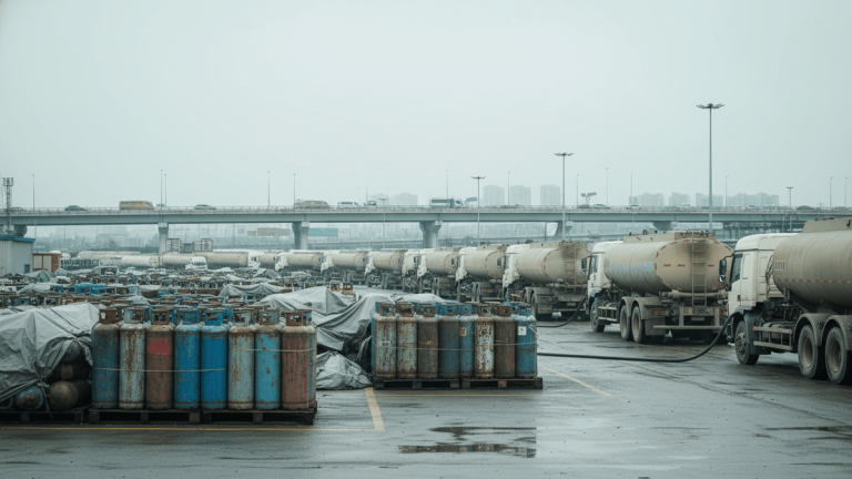 An industrial scene with stacks of blue and red LPG cylinders in the foreground, and a line of fuel tankers behind them.